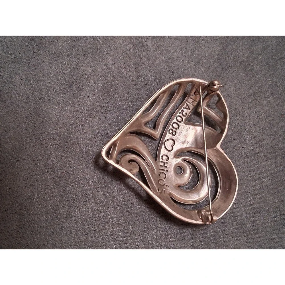Chico's Silver Tone Rhinestone Swirl Heart Brooch AHA 2008